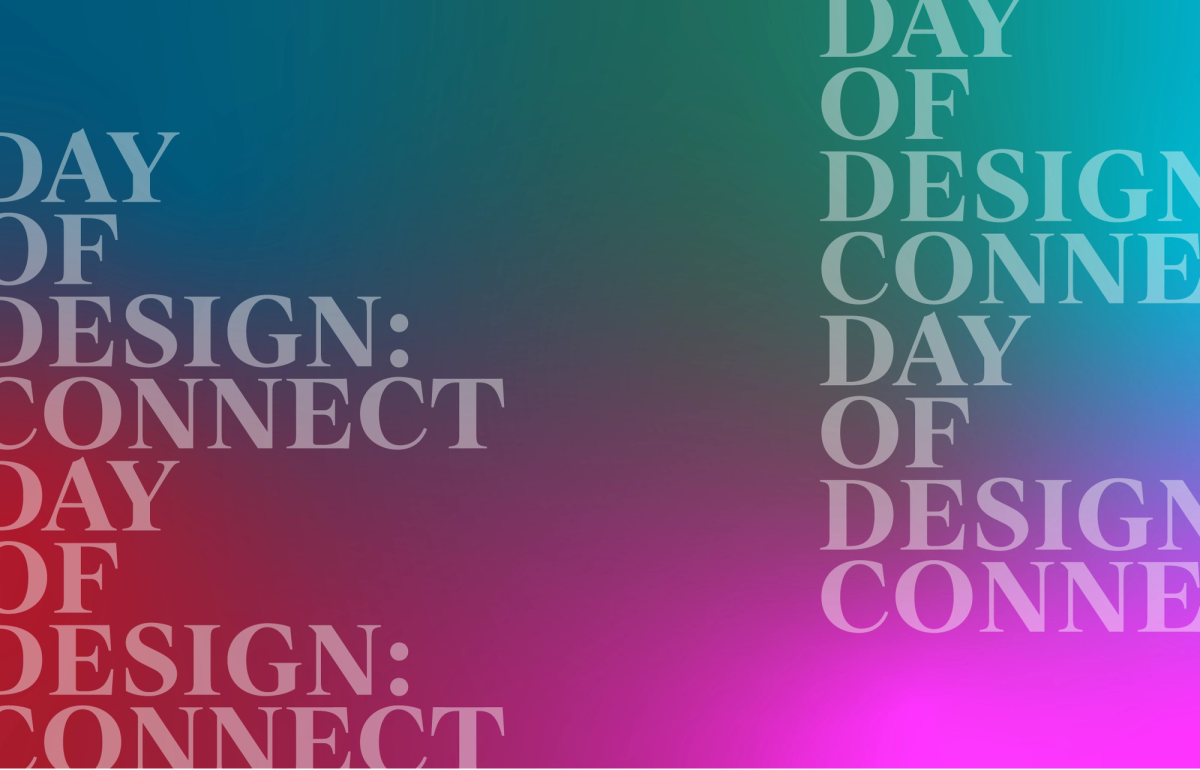 Colorful gradient background in blue and pink hues overlaid with large serif text "Day of Design: Connect"